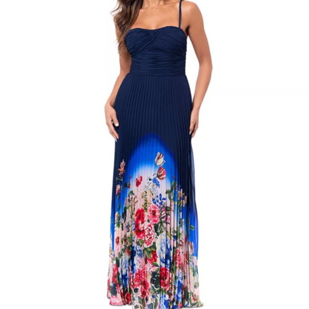 Xscape Navy Blue Sunburst Floral Ombre Pleated Gown